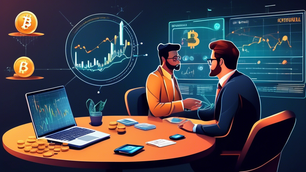 Create an image that illustrates the contrasting aspects of investing in cryptocurrency stocks. The scene shows a financial advisor explaining the benefits and risks to a client. On one side of the table, there