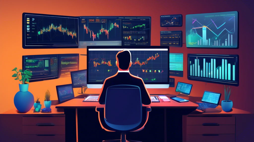 Create an image showcasing an investor analyzing multiple charts and graphs on computer screens, representing different cryptocurrency stocks. The background should have a modern office setting with elements like digital screens displaying market trends, a bulletin board with notes and articles, and a desk with financial reports. Emphasize the themes of diversification, risk management, and staying informed about market trends. Include subtle symbolic representations of popular cryptocurrencies like Bitcoin, Ethereum, and Ripple.
