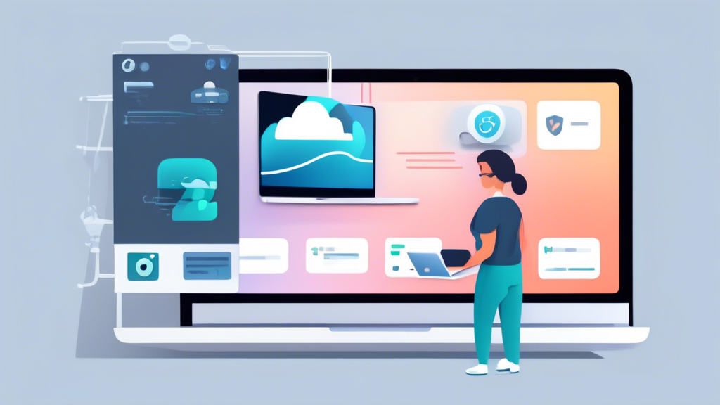 Create an image illustrating a MacBook with a step-by-step installation guide for a VPN on the screen. The background should feature icons related to security, settings optimization, and problem-solving, emphasizing the various steps for setting up and configuring a VPN on macOS. The overall theme should be tech-savvy and user-friendly, appealing to Mac users seeking privacy and security solutions.