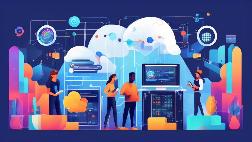 Create an image that showcases the primary applications of Google Cloud Server, featuring a futuristic data analysis center with diverse big data projects displayed on screens, developers working on scalable web applications, and AI/ML solutions in action, all powered by the reliability and advanced technology of Google Cloud Server.