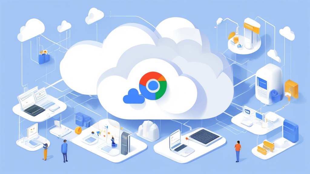 Create an image that showcases the integration and compatibility of Google Cloud Server with other technologies. Imagine a digital environment where various cloud services are interconnected through smooth lines and nodes. Incorporate key elements such as Google