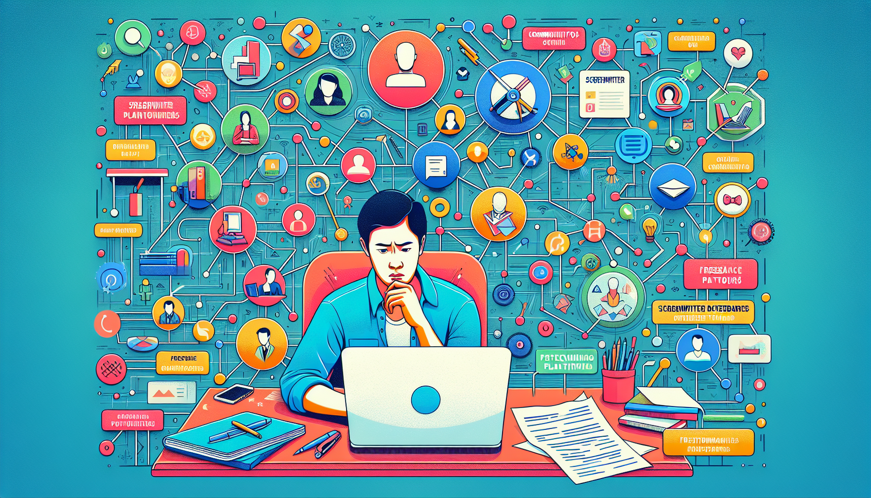 Create an image that depicts the process of finding a screenwriter using various platforms and networks. The scene should include a person sitting at a desk with a laptop, surrounded by icons and logos of popular online communities, freelancer platforms (like Upwork and Fiverr), professional networks (such as WGA and ISA), and screenwriter databases. The person should be thoughtfully navigating through these options, perhaps with some documents or notes on the desk that signify research and selection criteria. The backdrop can include whimsical elements like interconnected nodes and links, symbolizing the vast networking landscape.