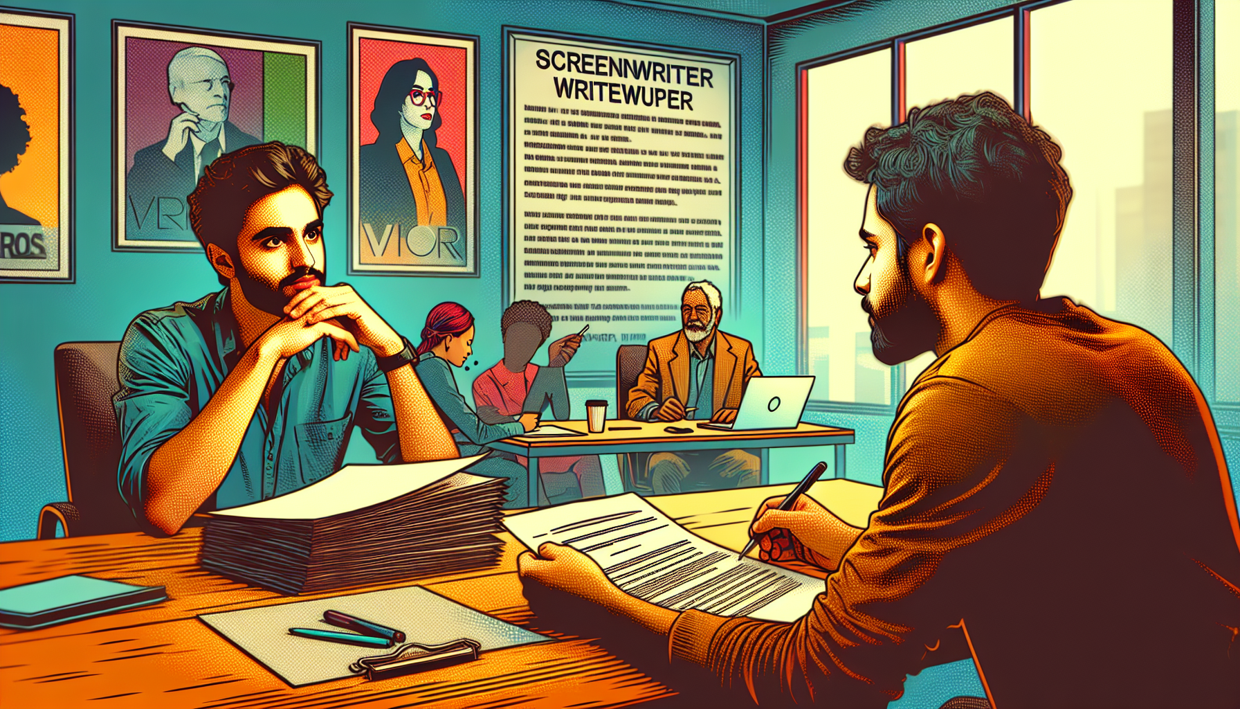 Create an image of a thoughtful film director in an office setting, reviewing a stack of screenwriter portfolios and writing samples. The director is shown conducting an interview with a screenwriter, both of them appearing engaged in conversation. Behind them, a whiteboard with questions and notes is visible, along with a draft of a contract on the table. There are elements suggesting the collaborative and professional atmosphere, including a laptop, coffee cups, and various film posters on the walls. The mood should be serious yet hopeful, emphasizing the importance of finding the right match for the project.