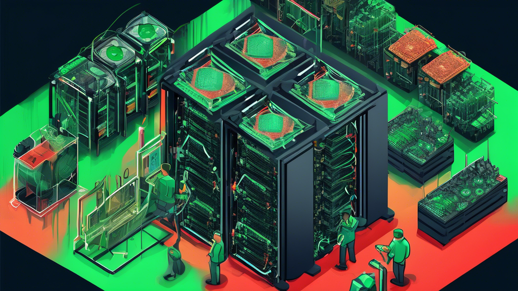 Image depicts the intricate workings of cryptominer finance. In the foreground, a detailed illustration of a cryptomining rig equipped with ASICs and GPUs actively mining cryptocurrencies, with green and red digital code flowing around it. To the left, cloud mining services are represented by a server cloud icon connected to the mining rig with network lines. Overlaying the background, various gauges and graphs indicating hash rates, electricity costs, and market value fluctuations. The overall tone is technologically sophisticated, capturing the essence of how cryptominer finance operates.