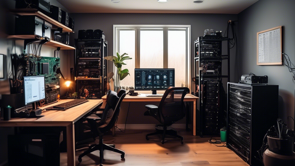 Create an image of a new cryptominer enthusiast setting up their first mining rig in a modern home office. The scene should include components like GPUs, ASIC devices, and a computer monitor displaying a mining pool dashboard. The beginner, with a focused expression, should be connecting cables and arranging hardware on a well-organized desk. The background should feature a sleek bookshelf with books on blockchain and finance, creating an educational atmosphere. Vibrant lighting should highlight the technology, emphasizing the exciting and cutting-edge nature of getting started in cryptominer finance.