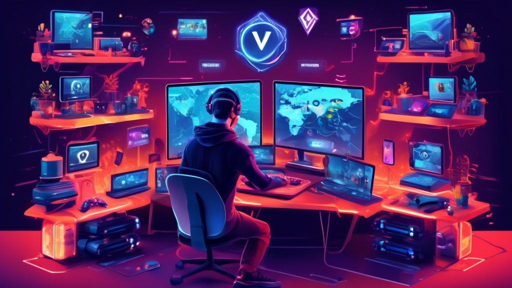 Create an image that showcases an engaging scene of a gamer surrounded by multiple screens displaying different VPN interfaces. The central screen should prominently show a gaming scene with reduced lag and improved performance metrics as a result of using the free VPN. Around the edges of the image, include icons or logos of top-rated free VPN services. The overall aesthetic should be modern and tech-savvy, highlighting the ease of use and compatibility with various popular gaming platforms.