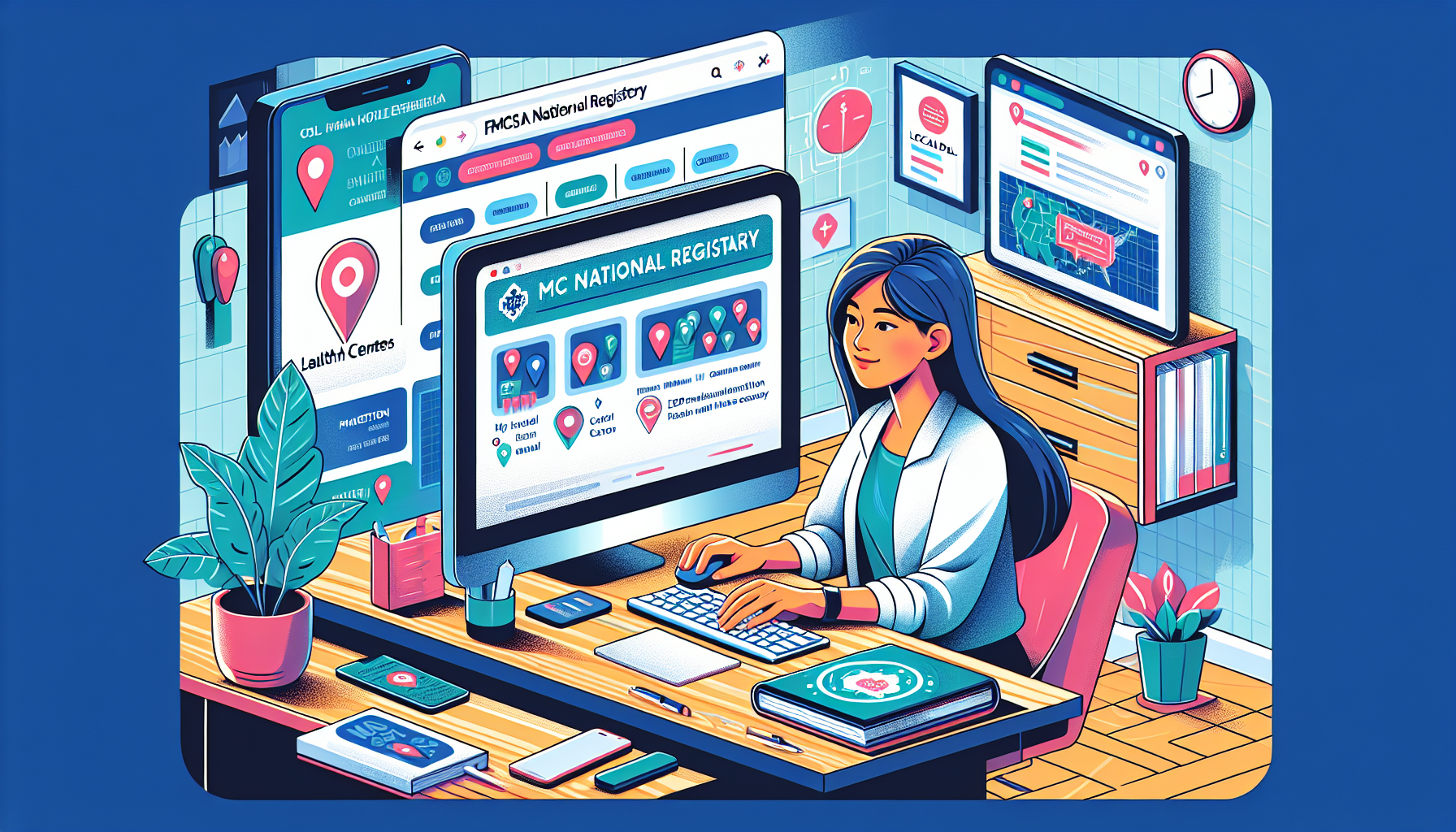 Digital illustration of a person browsing the FMCSA National Registry website on their computer in a cozy home office, with visible tips on finding local CDL health exam centers marked on a digital map, alongside mobile apps and local directories laid out on the desk.