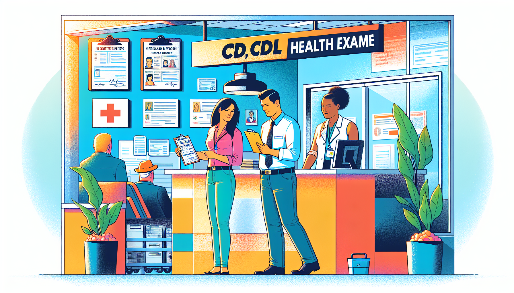 An illustrative checklist featuring essential items to bring to your CDL health exam, including identification, medical history documents, and current health records set against a background of a medical clinic
