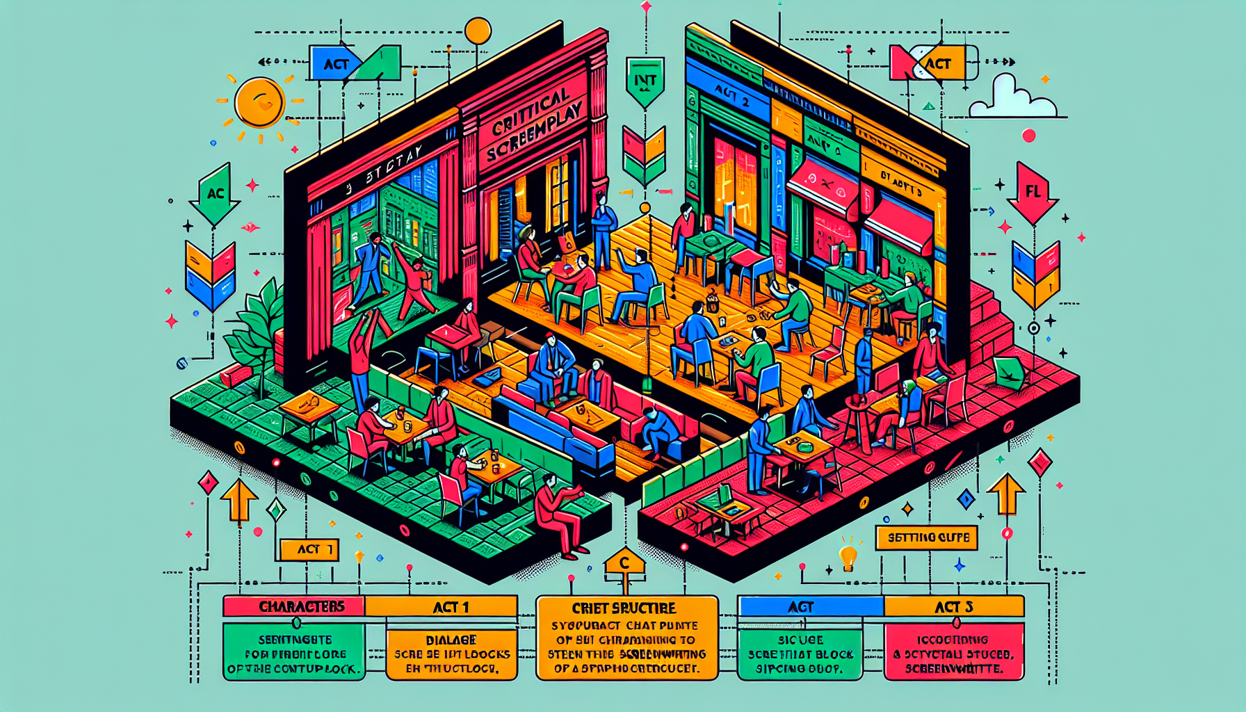 Create an image that visually represents the essential elements of a screenplay. Include a split-screen showing the three-act structure with labels Act 1, Act 2, and Act 3. Depict a central character on one side, engaging in dialogue with another character in a vibrant setting—an example could be a busy city street or a cozy café. Incorporate text elements such as Characters, Dialogue, and Settings alongside illustrative arrows pointing to the relevant parts of the scene. Make the image informative and visually engaging to symbolize the components and structure crucial for crafting a compelling screenplay.