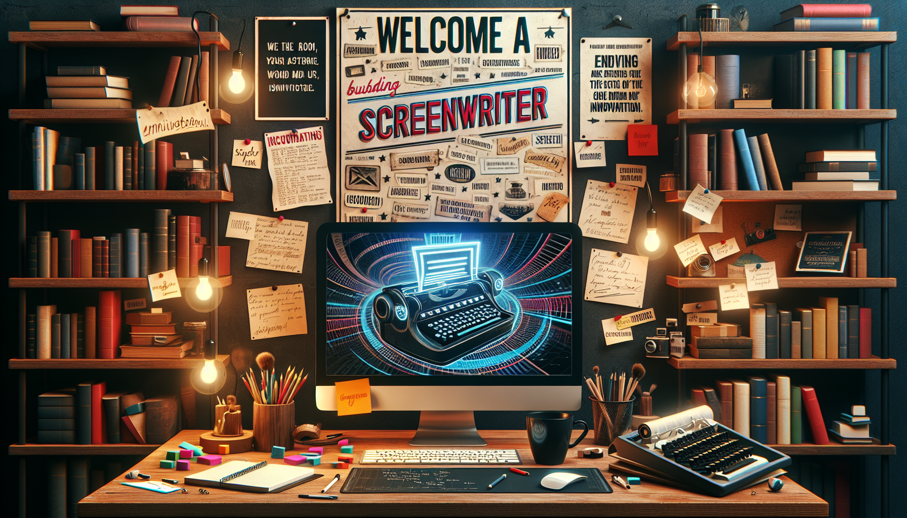 **Prompt for DALL-E:** 

An inviting desk scene set up for a new screenwriter. On the desk, there is a laptop open to a popular screenwriting software, a notebook filled with scribbled ideas, and a classic clapperboard. Surrounding the desk are inspirational sticky notes on the wall, a cup of coffee, and a motivational poster about creativity. The background includes shelves filled with screenwriting books and film industry memorabilia, creating an atmosphere of creativity and focus. The overall image should convey a sense of excitement about starting a journey in screenwriting and emphasize the tools and techniques for beginners.

**Keyword:** introduction to screenwriting.