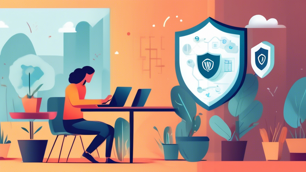 Create an image that illustrates the key benefits of a strong VPN for online security. The scene shows a person using a laptop in a public café, but surrounded by a protective digital shield. This shield symbolizes the VPN