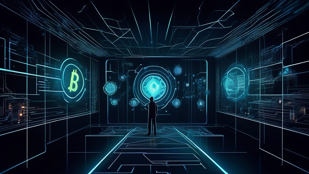 Create a high-resolution digital image that captures the essence of Key Components of Dark Crypto Finance: Technologies and Practices. Focus on the interplay of blockchain anonymity, privacy coins, and dark web transactions. The scene should depict a shadowy, futuristic environment with glowing interfaces representing blockchain networks. Include elements such as decentralized finance (DeFi) applications subtly integrated into the background and hints of underground financial systems. Use dark, muted tones with highlights of vibrant neon green or blue to emphasize the secretive and high-tech nature of dark crypto finance.