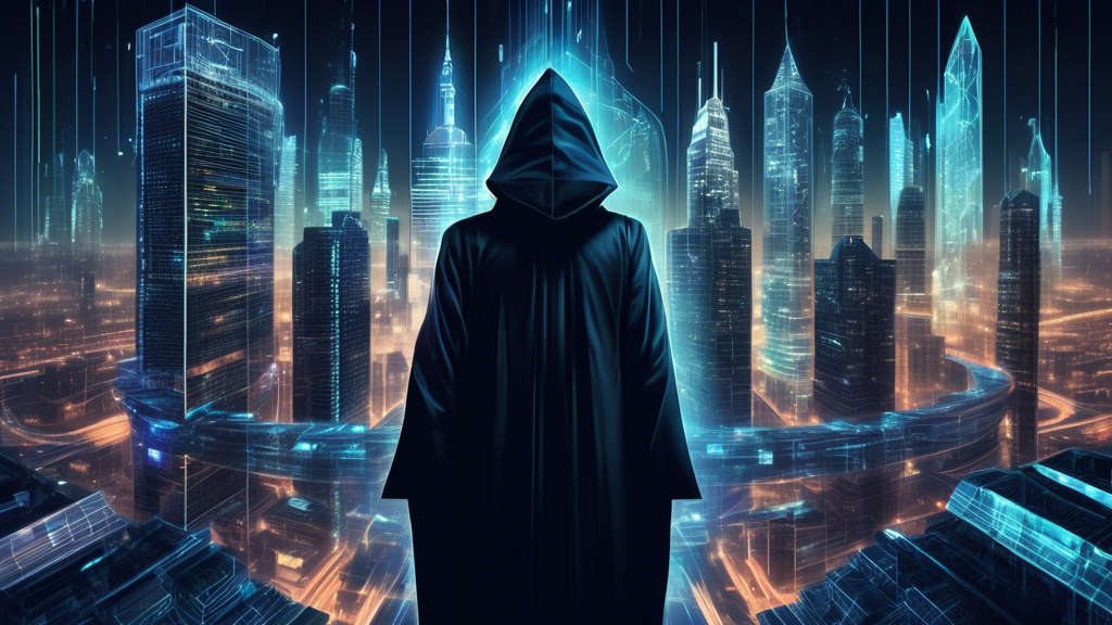 Create an image depicting the complex relationship between dark crypto finance and regulatory challenges. Showcase a futuristic cityscape with towering skyscrapers made of digital code. On one side, illustrate shady characters in dark, hooded cloaks engaging in crypto transactions. On the other side, show government officials and cybersecurity experts in sharp suits, scrutinizing holographic financial data. Central to the image, place a massive blockchain network symbol that connects both sides, highlighting the tension and interplay between the underground financial system and regulatory authorities. The overall vibe should be mysterious and intense, emphasizing legal and ethical dilemmas as well as the looming threat of cyber-attacks.