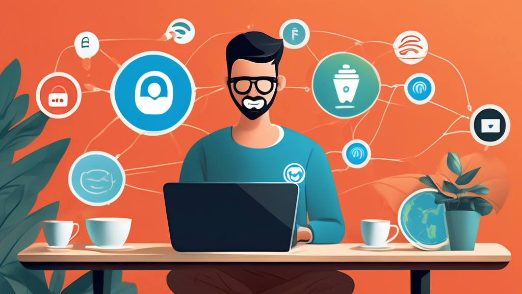 A seamless digital experience with ZenMate VPN: Show a person browsing the internet on a laptop in a café, feeling secure and anonymous under a protective digital shield icon. Background elements include streaming service logos like Netflix and Hulu to symbolize access to geo-restricted content. The café has a Wi-Fi symbol to highlight public network security. A globe with ZenMate VPN