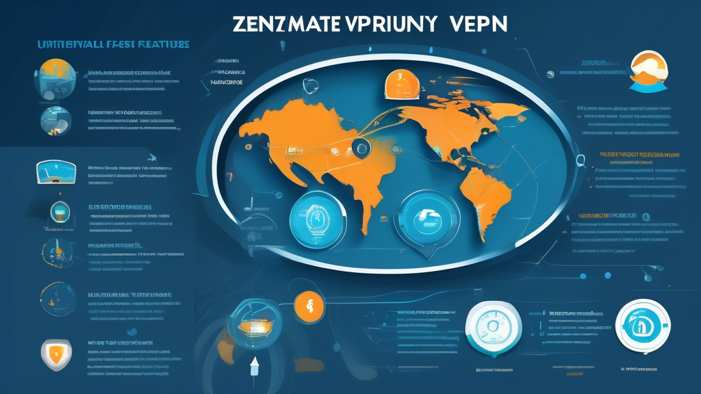Prompt: Create a detailed infographic showcasing the standout features of ZenMate VPN, including a world map highlighting server locations and network coverage, icons representing multiple device support and compatibility, illustrations of a user-friendly interface, and a speedometer gauge indicating high performance and speed. Make sure to include the ZenMate logo and a calming, modern design aesthetic with colors that evoke trust and professionalism.
