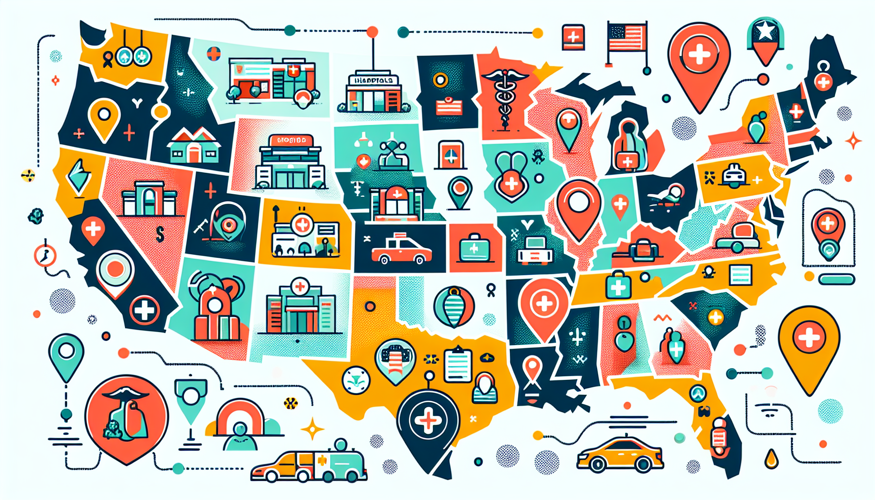 Detailed map of the United States pinpointing various locations where DOT physicals are conducted, including hospitals, clinics, and specialized centers, with icons representing national chains and local practices known for reliability in the transportation industry.