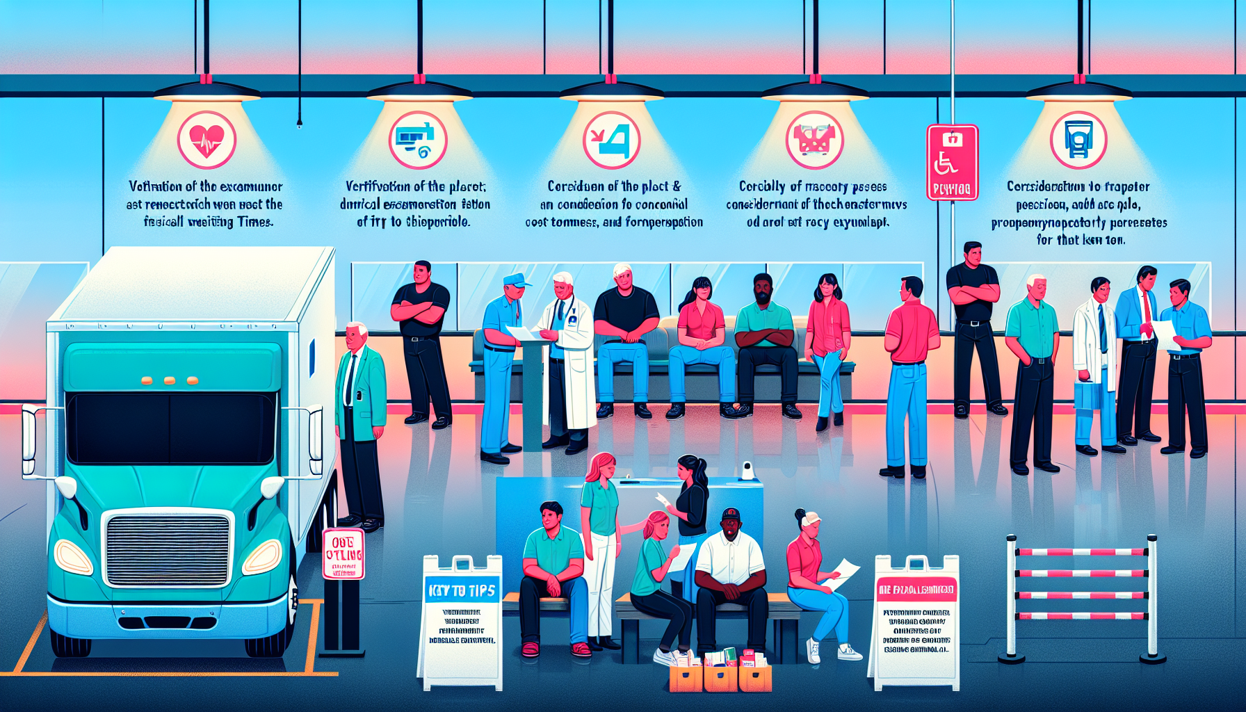 DALL-E image prompt: An informative graphic illustrating different aspects to consider when choosing a location for a DOT physical. The image includes a diverse group of truck drivers engaging with a friendly medical examiner in a clean, modern clinic environment, depicted with clear signs of certification and accessibility features like ramps and clear signage. Bullet points are visibly arranged in the corner, detailing essential tips such as verifying the examiner