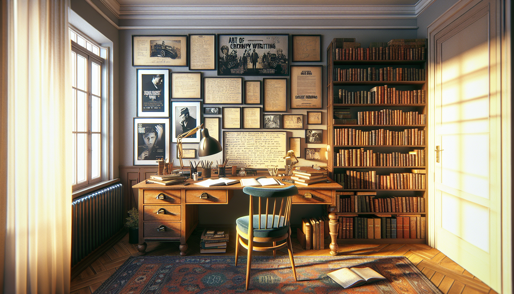 Create an image of a cozy study room with a large wooden desk, covered in open famous movie scripts like 