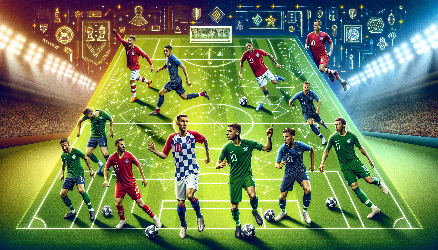 DALL-E prompt: Create an image depicting key players from Manchester United and Real Sociedad, showcasing their star players and emerging talents on a vibrant football field. Highlight individual player profiles in action with a tactical playboard in the background, illustrating their strategic approaches and playing styles. Include elements that represent both teams