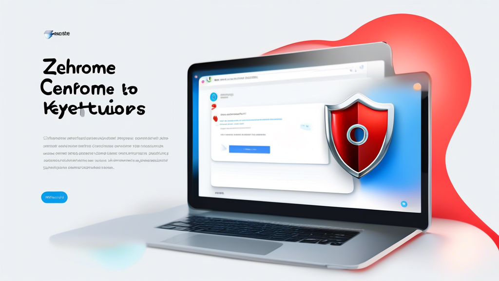 Create an image showing a sleek Chrome browser window that highlights the key features of ZenMate for Chrome. The browser window should display a digital shield icon representing strong encryption and privacy protocols. Illustrate ZenMate