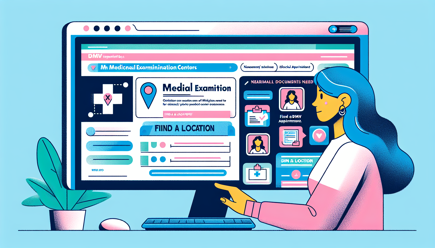 DALL-E prompt for an image illustrating a person using a computer to navigate the DMV’s official website, examining a digital map displaying locations of nearby medical exam centers recommended for DMV requirements, with visible website elements showing ‘Find a Location’ and typical documents needed for the appointment.