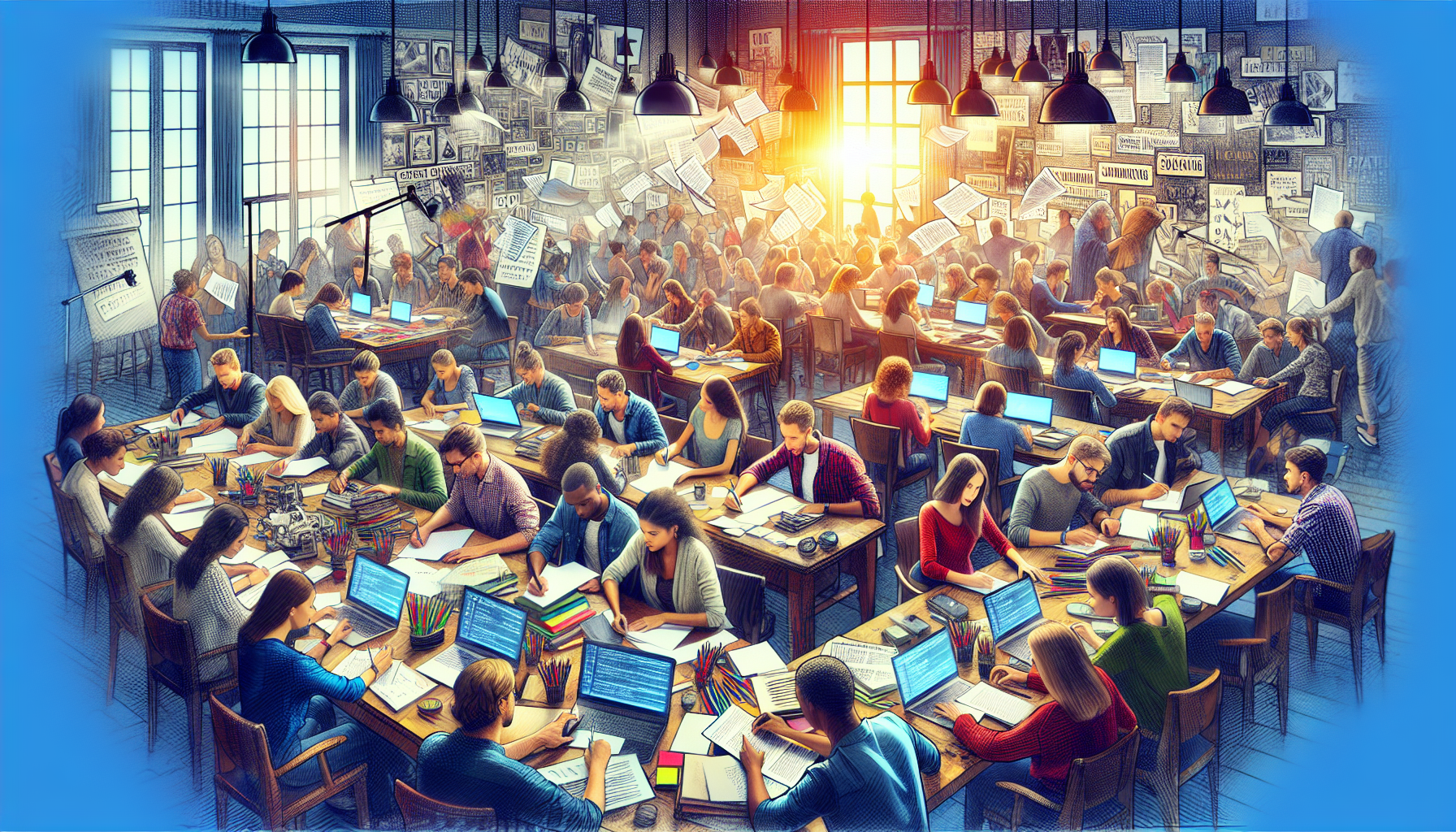 Create an image of a bustling classroom with diverse students passionately discussing and working on screenplay drafts at their desks. Highlight elements like script pages, storyboards, and laptops displaying screenwriting software. Include references to top programs such as UCLA Professional Program in Screenwriting and NYU Tisch School of the Arts with their logos subtly incorporated in the background on posters or banners. Create an atmosphere that exudes creativity, collaboration, and learning in the art of scriptwriting.
