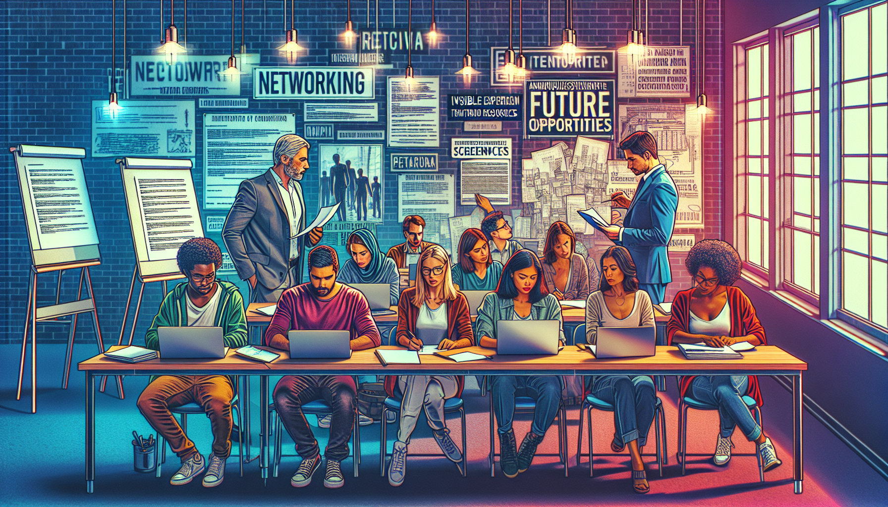 A diverse group of aspiring scriptwriters enthusiastically engaged in a modern classroom setting, each participant actively working on their screenplays on laptops and notepads. In the background, a professional screenwriter offers guidance while industry posters, movie scripts, and storyboard sketches adorn the walls. A visible sense of collaboration and support fills the room, emphasizing the importance of networking and utilizing program resources. Keywords scattered subtly across the environment include 