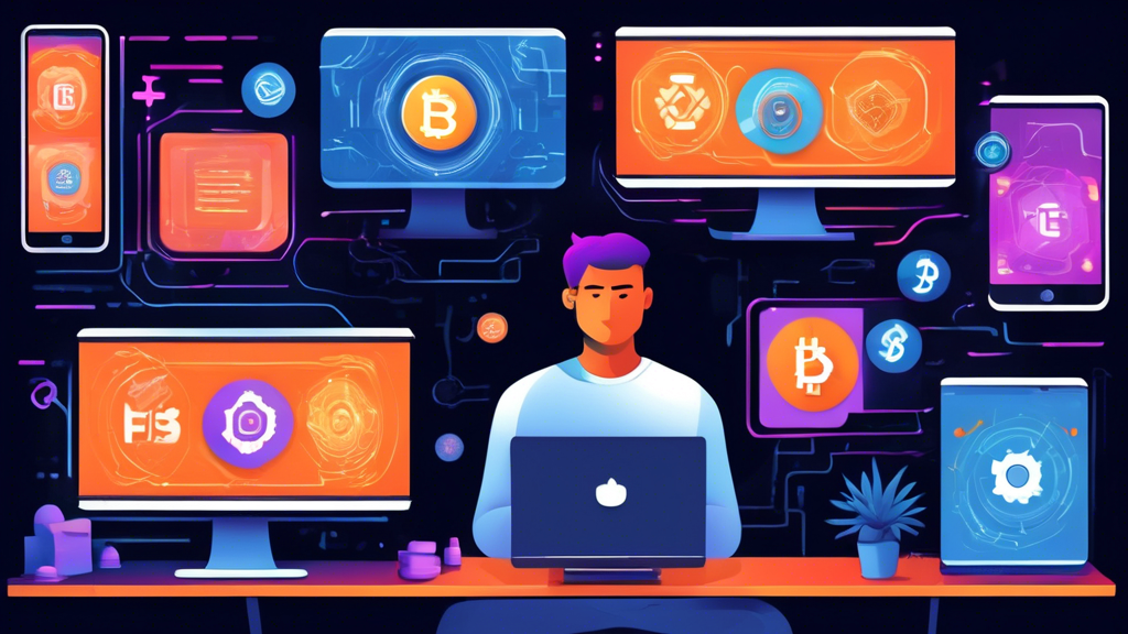 A digital art illustration showing a user in front of multiple computer screens. One screen displays a prompt for enabling Two-Factor Authentication, another screen shows warning signs of common cryptocurrency scams (like phishing emails and fake URLs), and a third screen indicates various cryptocurrencies in a diversified portfolio. The background is filled with icons representing different cryptocurrencies and secure transaction symbols. The overall theme emphasizes security and safe practices in purchasing cryptocurrency.