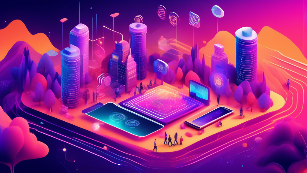 Create an image of a vibrant and futuristic digital landscape that showcases the benefits and use cases of decentralised finance in the crypto world. Include diverse people utilizing various DeFi applications such as lending, borrowing, staking, and yield farming on their devices. Highlight financial inclusion and accessibility, with visual elements representing different popular DeFi projects and their positive impact on users