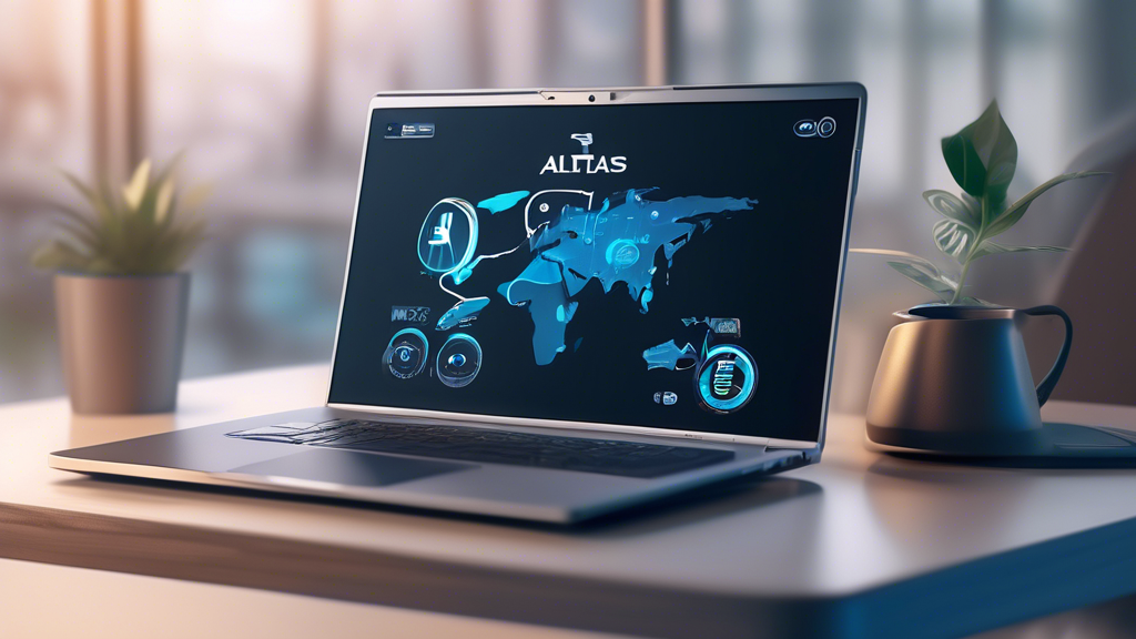 Create an image showing Atlas VPN’s free plan in use, highlighting its key advantages. Show a laptop screen displaying the Atlas VPN interface with a clear 