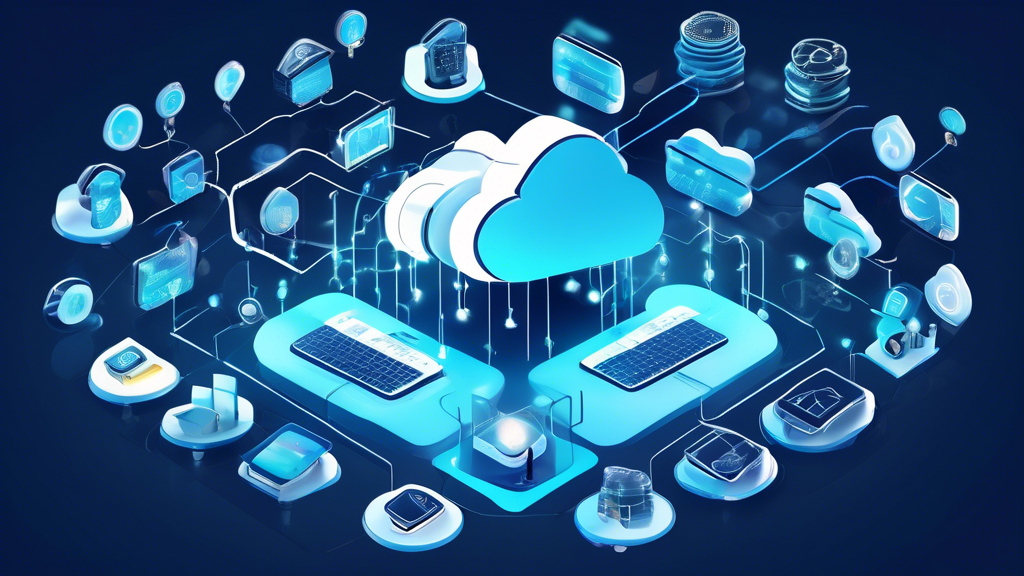 Create an image depicting a futuristic and secure data center in the cloud, with various digital security icons (locks, shields, multi-factor authentication symbols) and a seamless flow of data between business devices such as laptops, tablets, and smartphones. Emphasize the concepts of data backup, restoration options, and protection against cyber threats and data loss. The setting should convey a high-tech, secure environment, ideally with holographic elements to represent state-of-the-art security measures.
