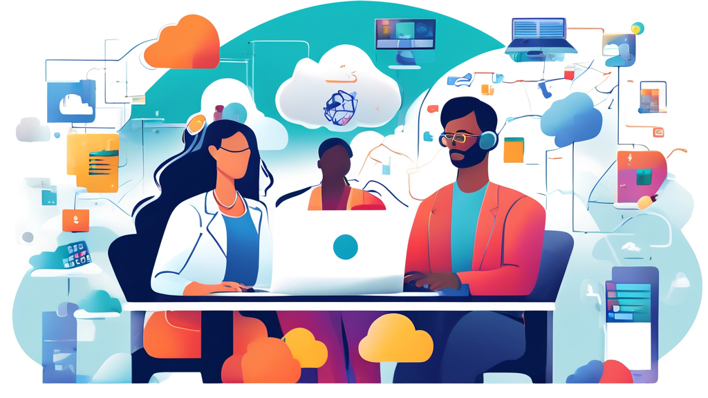 Create an image that illustrates enhanced collaboration and productivity in businesses through the use of cloud PCs. The image should depict a global team of professionals working remotely on a shared project, seamlessly connected through cloud technology. Include visual elements such as laptops, cloud icons, productivity tools, and collaboration applications to emphasize accessibility and teamwork from various locations.