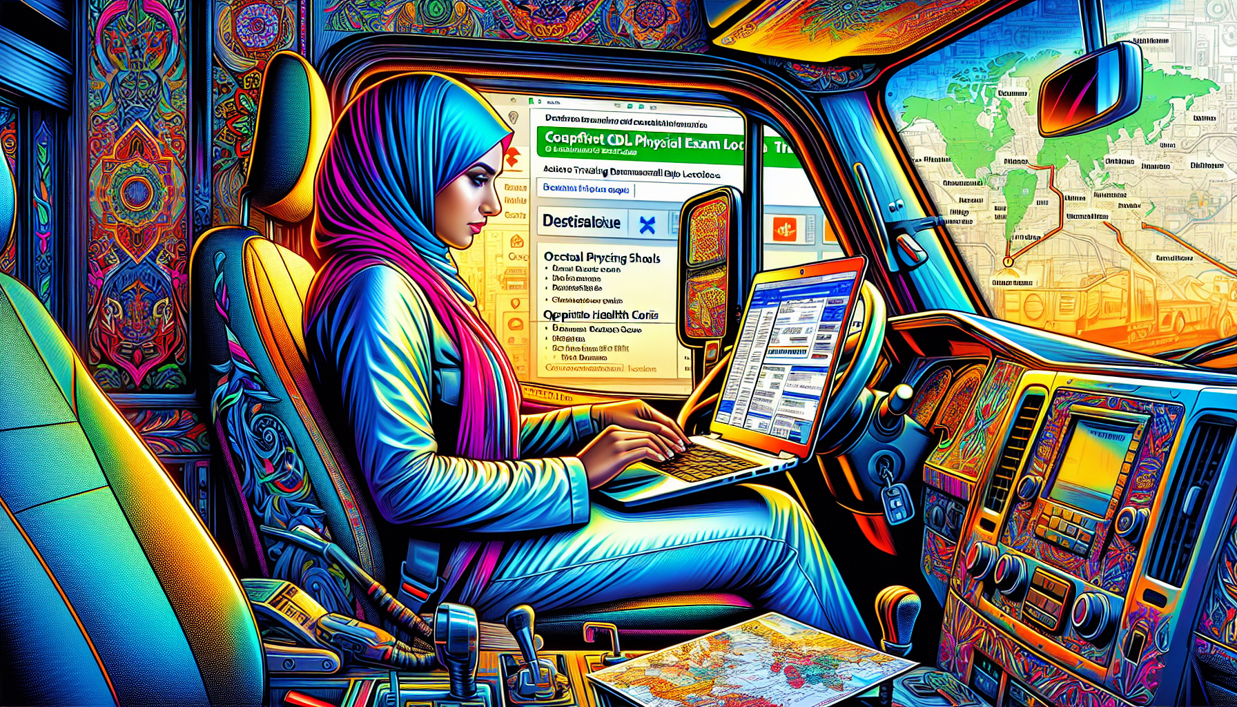 Image of a commercial truck driver using a laptop to search online directories for the most affordable CDL physical exam locations, with visible web pages listing local trucking schools and occupational health clinics, set in a truck cabin with maps and trucking equipment around.