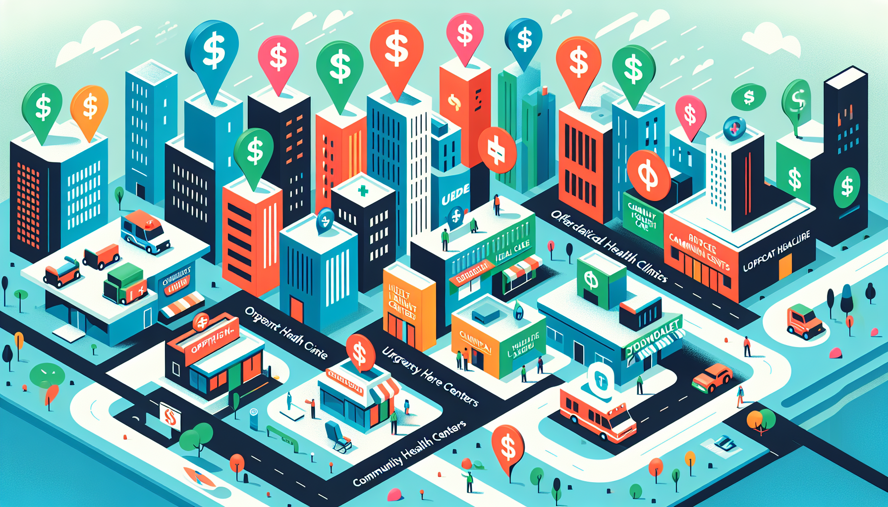 An illustrated map showing various types of healthcare facilities like occupational health clinics, urgent care centers, community health centers, and clinics associated with training institutions, each marked with a dollar sign icon to indicate affordability, located in different parts of a generic cityscape. Highlight the theme of 
