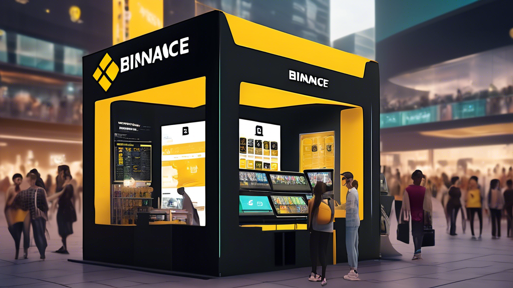 Create an image of a modern, stylized digital marketplace bustling with activity. The marketplace features various innovative kiosks and stalls representing Binance