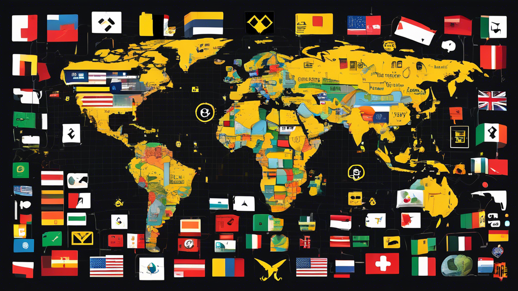 Create an image showcasing Binance’s global expansion and regulatory compliance: Map of the world with Binance logos marking key global locations, illustrating Binance