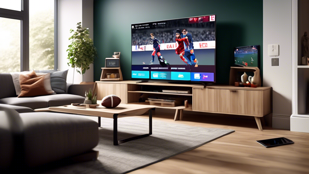 Create an image showcasing a modern living room setup with the latest technology for enjoying live football matches. Include a large flat-screen TV displaying a high-definition football game, a streaming device, and augmented reality (AR) elements that show player stats and match information around the screen. On a table in the foreground, place various devices, such as a tablet and smartphone, displaying streaming platforms and social media feeds. The room should feel comfortable and engaging, representing the fusion of advanced technology and the excitement of live football.