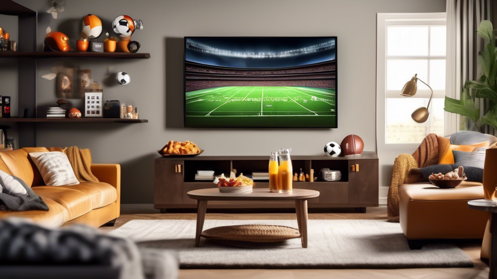 Create an image of a cozy living room setup centered around watching live football. The scene should include a large high-definition TV displaying an exciting football match, a comfortable couch with people cheering and wearing their favorite team jerseys, and an elegant coffee table with snacks and drinks. Nearby, a tablet and a smartphone are receiving real-time alerts about football schedules and scores, and there are posters and memorabilia of famous football teams and players on the walls. The setting should convey the excitement and camaraderie of enjoying live football at home, making sure no match is missed.