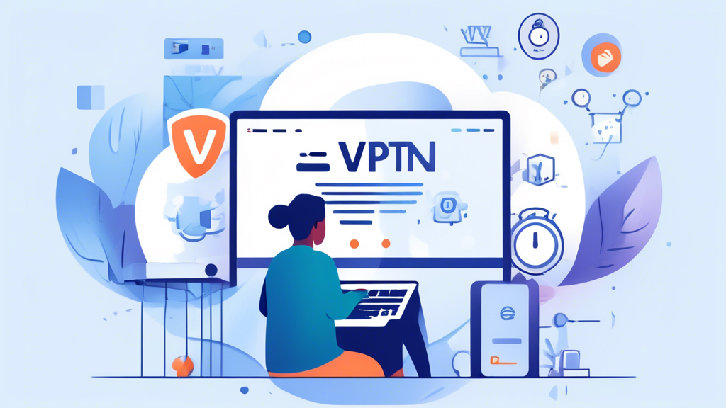 Create an illustration showing a person setting up a VPN on their laptop, illustrating steps such as downloading, installing, and connecting to a server. Next to the laptop, show icons or elements representing the evaluation of speed, privacy, and security features, as well as a transition from a 