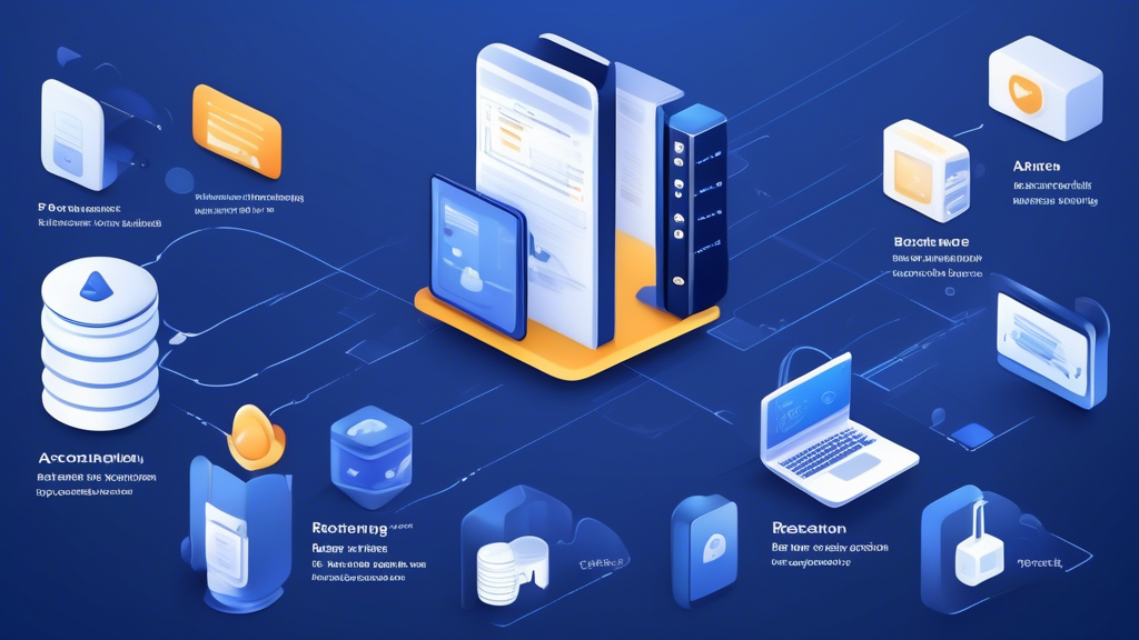 Create an image that illustrates a step-by-step guide for setting up Acronis Backup. The image should include visual elements representing the following steps: installation, configuring a backup plan with data selection and scheduling, and restoring data. Integrate icons for data security, scheduling tools, and data restoration to help users understand each step visually. Use a professional and clean design with Acronis branding and colors.