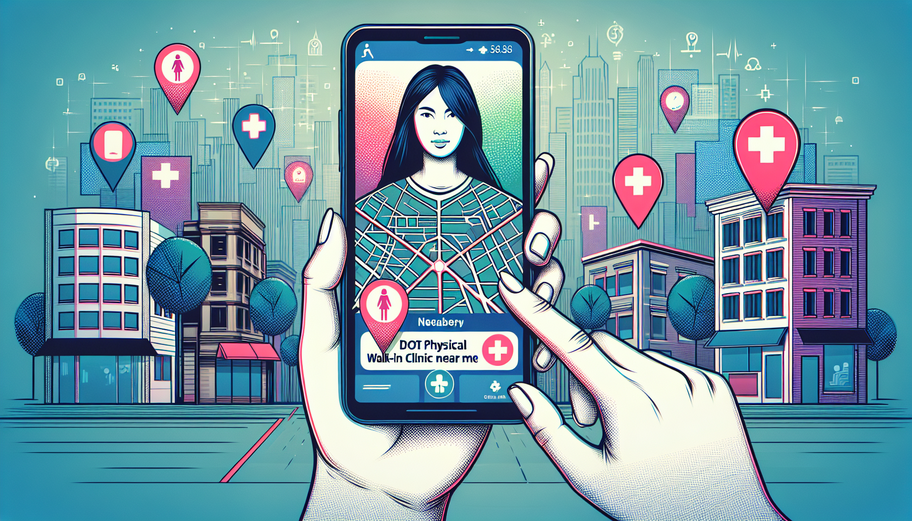 Digital illustration of a person using a smartphone to search for 