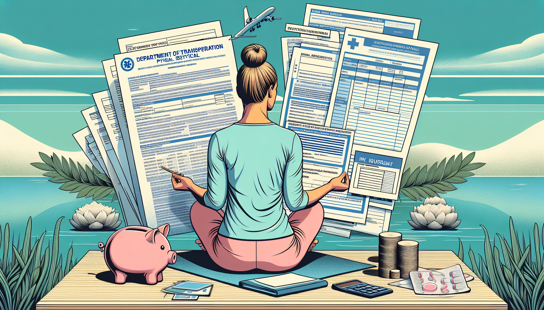 An organized layout depicting a person preparing the necessary documentation for a DOT physical, including a medical history form, insurance card, and list of medications. In the background, a visual of a calm and serene meditation space, symbolizing mental preparation for the exam, with a piggy bank and calculator subtly included to hint at cost considerations.