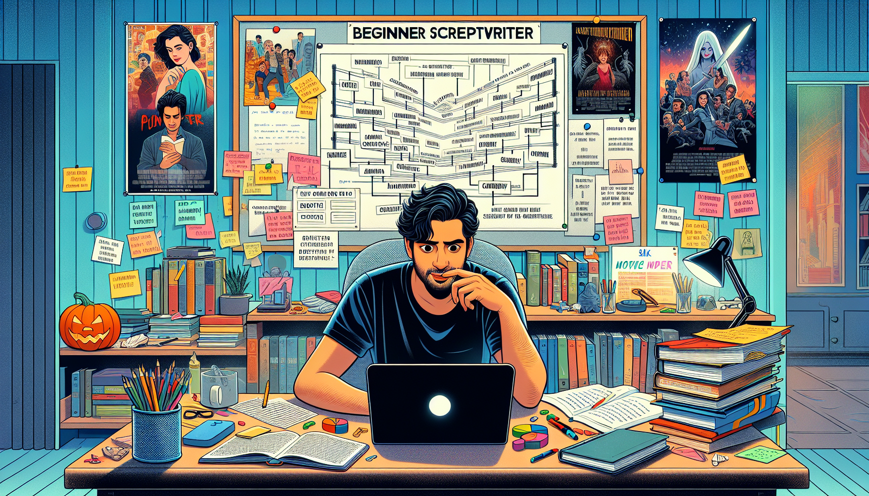A beginner scriptwriter sits at a desk cluttered with notes and a laptop, brainstorming ideas for their first script. On one side, a bulletin board with genre options like 