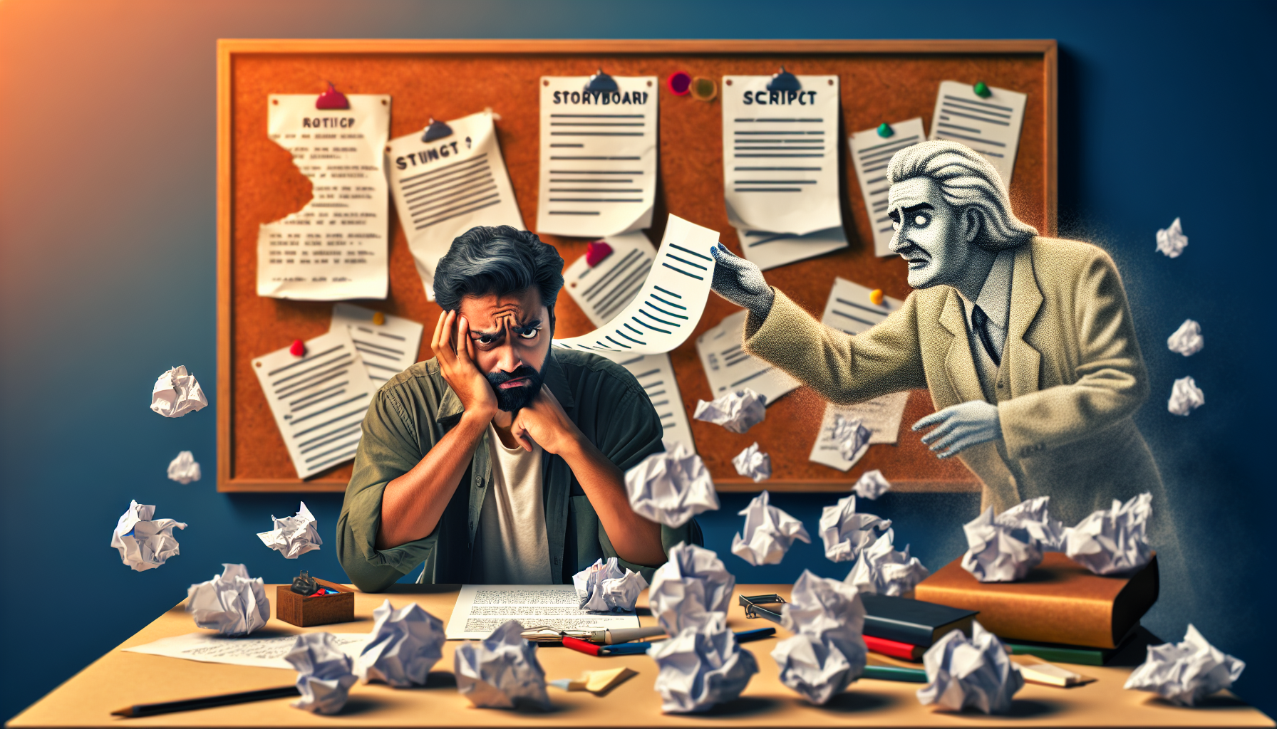 A novice scriptwriter sitting at a cluttered desk, frustrated as they crumple a sheet of paper with a complex, tangled storyline. Behind them, a ghostly figure of a seasoned writer stands pointing at a simple, clean storyboard on the wall. The scene highlights the common mistakes such as overcomplicating the plot, weak dialogue, and technical errors in script formatting, with scattered notes and discarded drafts illustrating the learning curve in script writing for beginners.