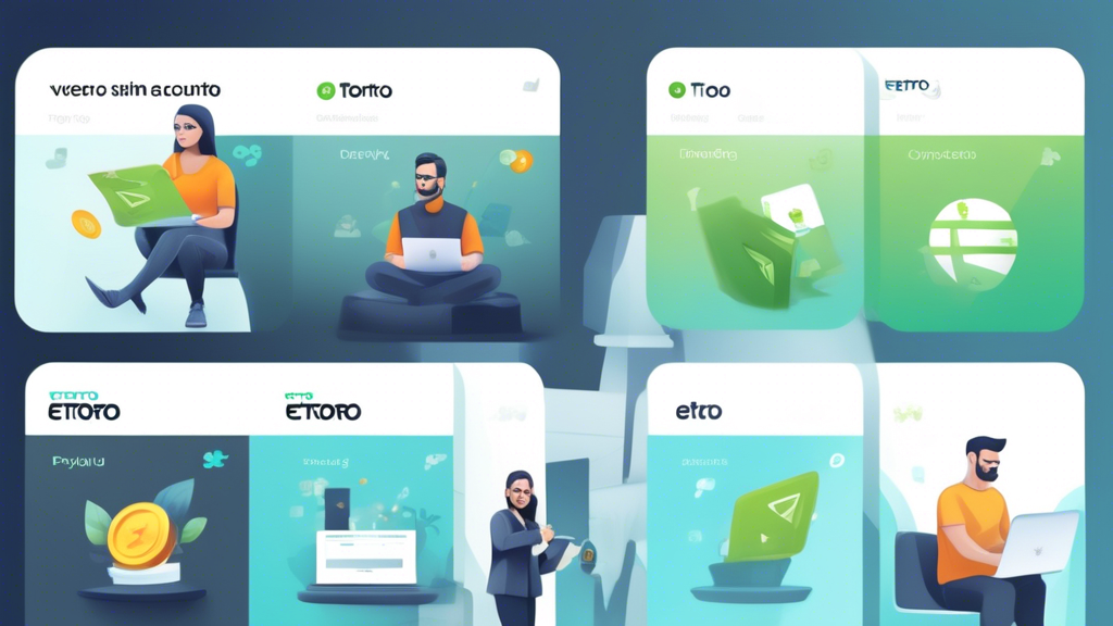 Create an image that visually guides a user through the process of getting started with eToro Crypto. The image should depict a series of steps including:

- Signing up for an account on eToro