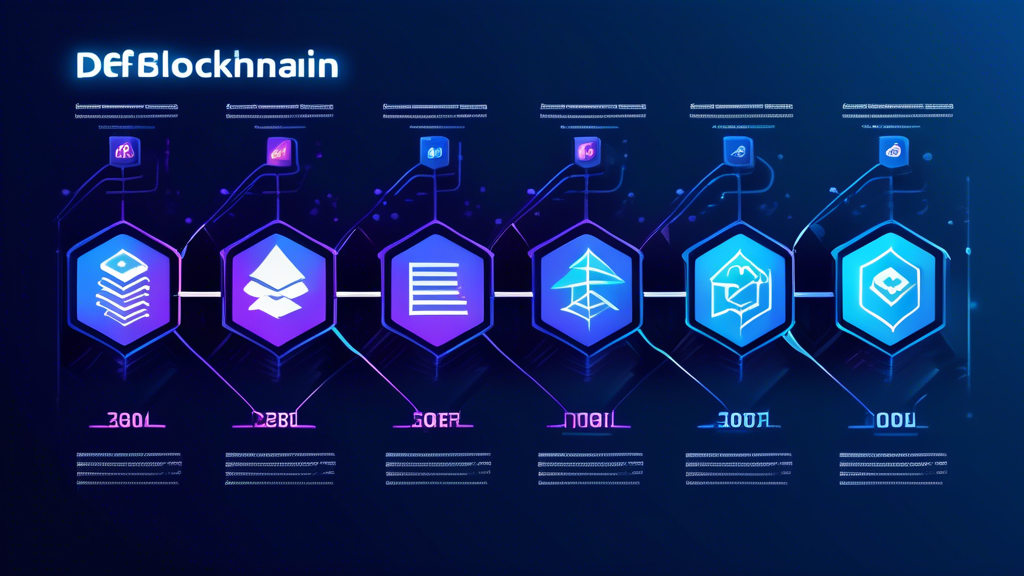 A vibrant timeline illustration showcasing key milestones in the growth of Decentralized Finance (DeFi) on the blockchain, highlighting major innovations and breakthroughs in DeFi platforms, with icons or symbols representing significant trends and future projections in the industry. The timeline should be dynamic and engaging, filled with visual elements like graphs, blockchain nodes, and futuristic representations of financial applications.