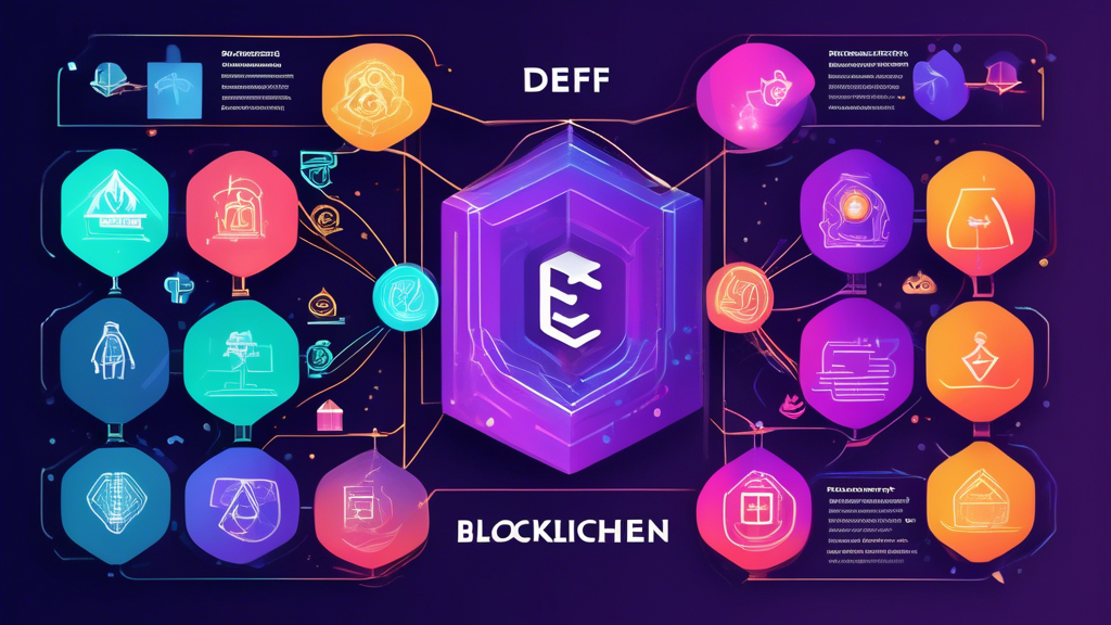 Create an image depicting the benefits and challenges of decentralized finance (DeFi) on the blockchain. The left side of the image should show various advantages such as security, transparency, and financial inclusivity using vibrant colors and positive symbols (e.g., shield, open book, diverse groups of people). The right side should display challenges such as regulatory concerns, technological complexity, and potential risks of fraud with more muted colors or cautionary symbols (e.g., scales of justice, complex network diagrams, warning signs). A blockchain network should be subtly integrated into the background, symbolizing the underlying technology connecting both sides. 

Keyword: decentralized finance blockchain.