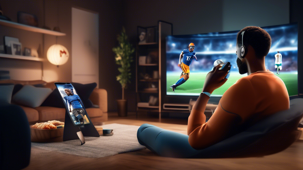 Create an image that shows a person watching live football online with smooth, high-quality streaming. The scene should include visible tips like optimal internet speed recommendations, high-quality equipment, and tips for troubleshooting connection issues displayed around the screen. The background should emphasize a cozy setting with advanced tech gadgets to reflect a modern and efficient viewing experience.