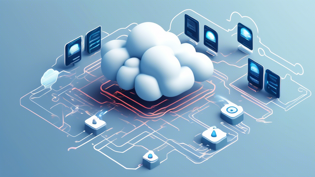 Create an image that visually represents the functioning of cloud technology. The image should depict a digital network architecture consisting of data centers and interconnected servers. There should be elements illustrating data processing and storage in the cloud, including data encryption and security keys, showcasing the secure and efficient nature of cloud operations. The backdrop can feature a blend of abstract cloud shapes and interconnected lines to symbolize the seamless network.