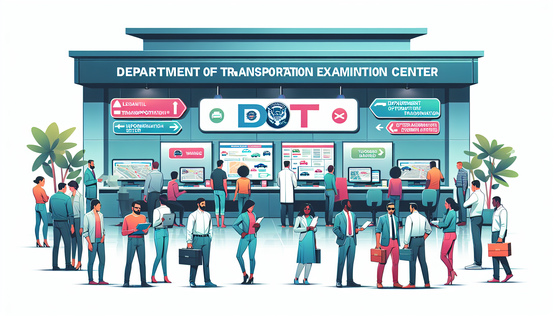 An illustrative scene inside a bustling DOT exam center, showing a user-friendly informational kiosk where a multi-ethnic group of professional drivers are engaging with a digital interactive map labeled 
